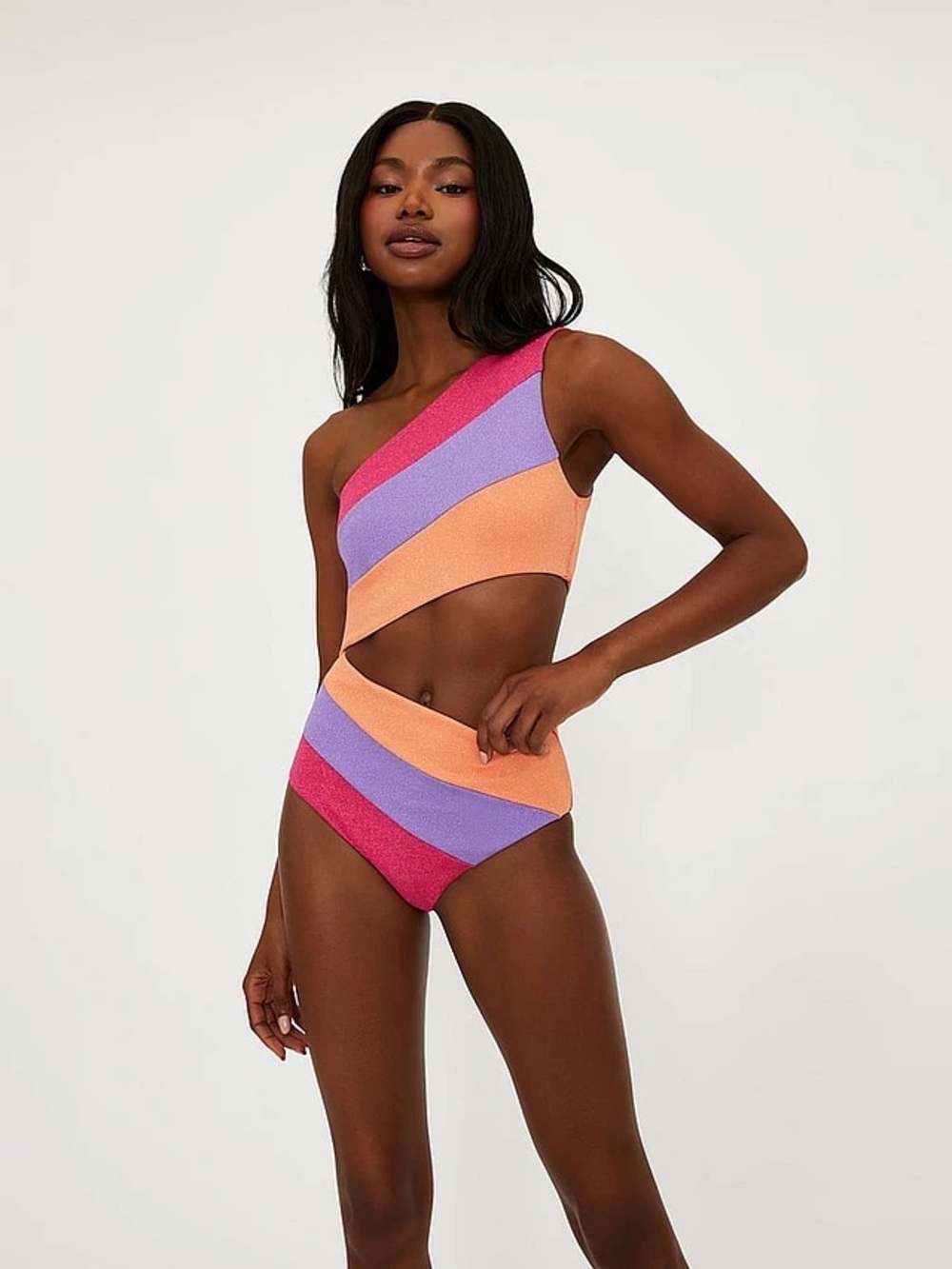 New! Beach Riot Joyce Sparkle Colorblock One Shoulder swimsuit M 34087